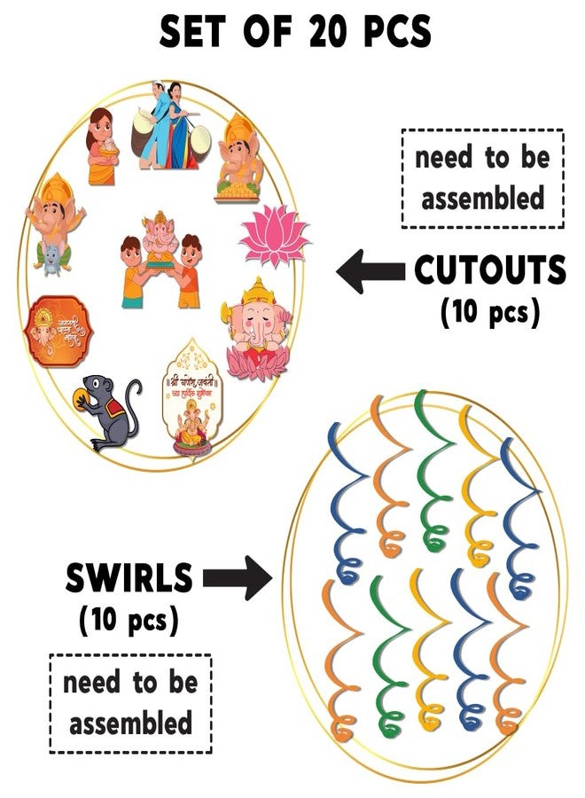 Festiko Set of 20 Pcs Ganpati Bappa Morya Swirls With Cutouts, Hanging Decoration Supplies, Ganesh Chaturthi Decoration Combo,Multicolor Cardstock - Image 2